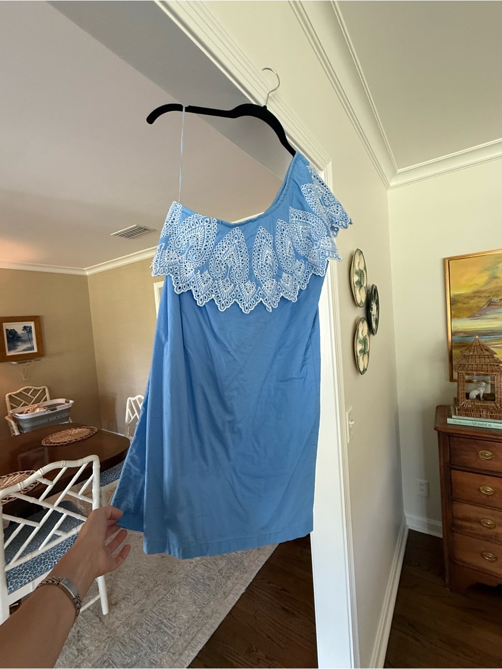 One-Shoulder Blue Dress with White Lace Trim - Mud Pie